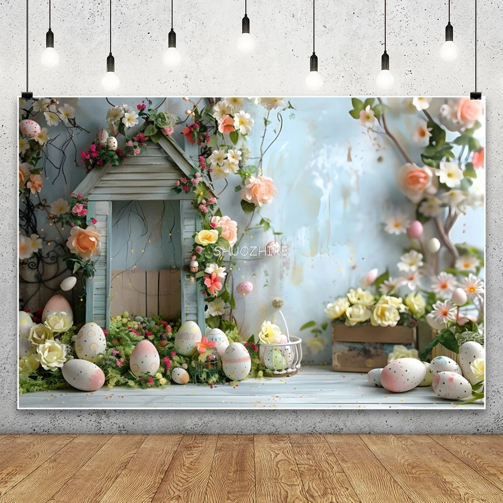 الأزرق الخشب مجلس جدار عيد الفصح خلفيات للتصوير الفوتوغرافي عيد الفصح البيض الملونة الربيع زهرة الطفل صورة خلفية صور استوديو الدعائم