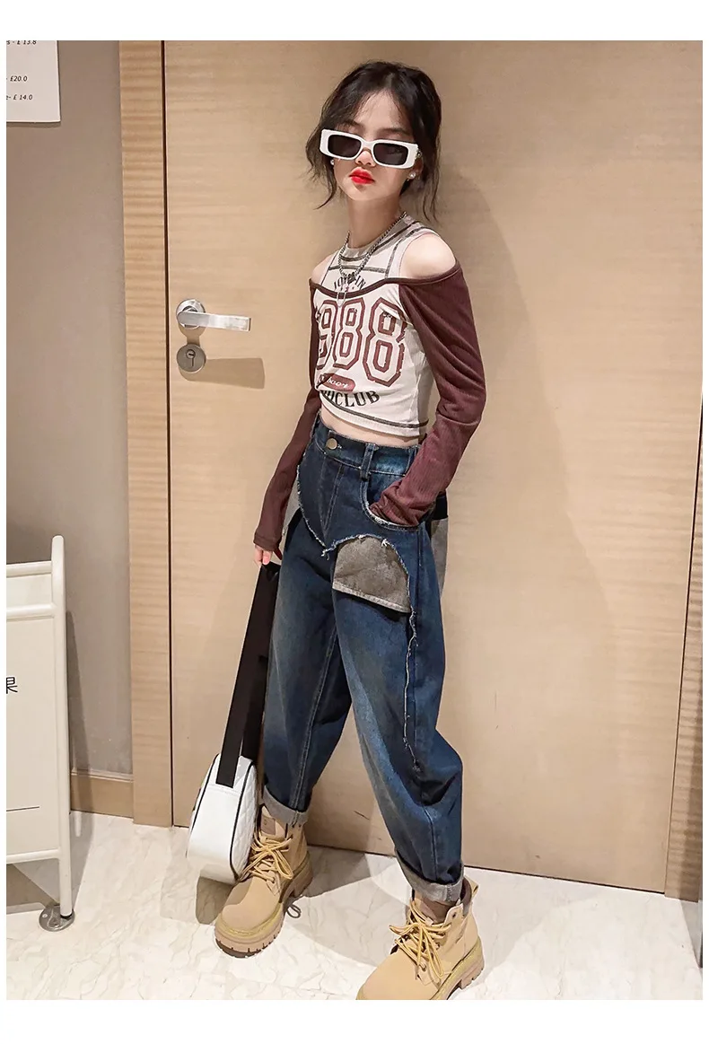 Girls Suits Spring Korean Set 2024 New Girls Fashionable Jeans Simple Casual Top and Trousers Korean Simple Style Two-piece Set image 6
