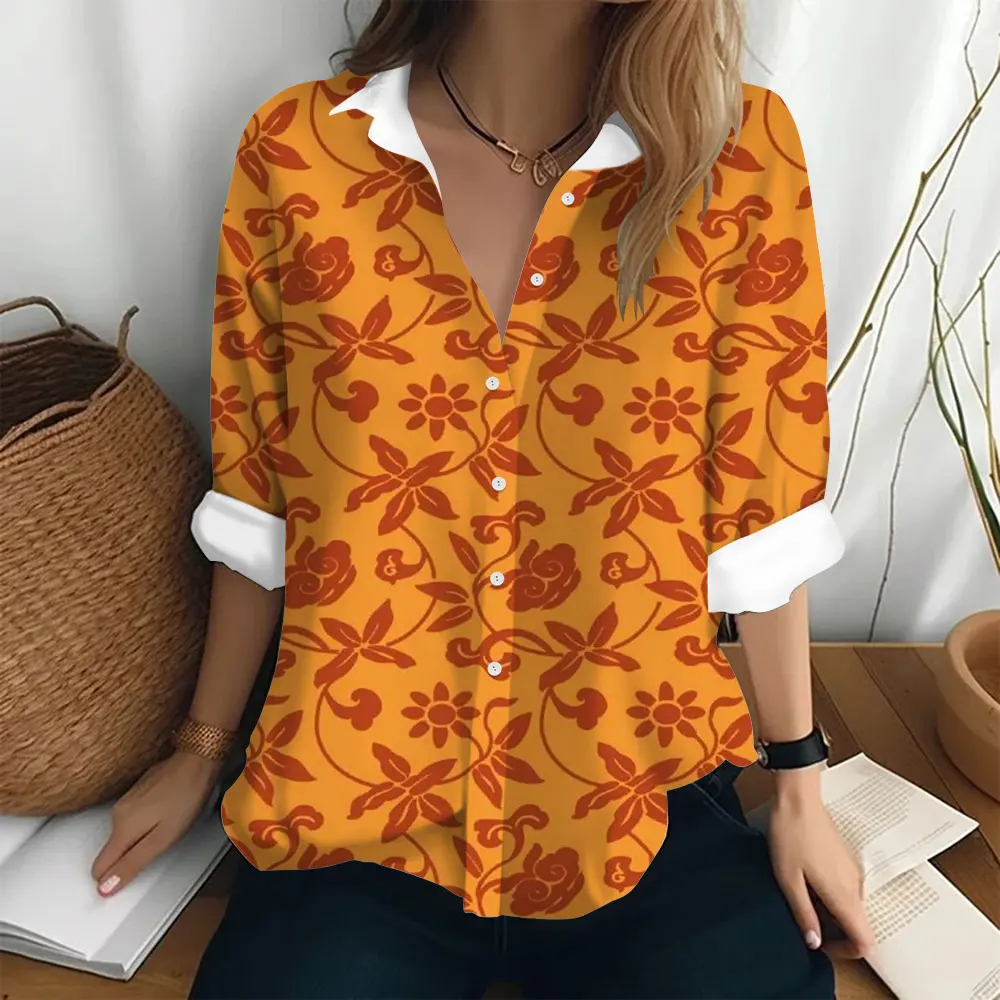 Women's Long Sleeved Shirt Fashionable Loose Button T-shirt Lapel Plant Print Top Clothing Women's Party Elegant Shirt