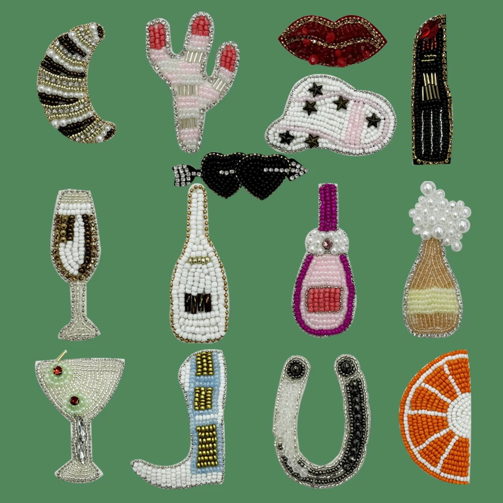 Handmade exquisite Rhinestone Wine Glass Beer bottle redLips Sewing on dress hat shoes Beaded Patches for Clothing DIY