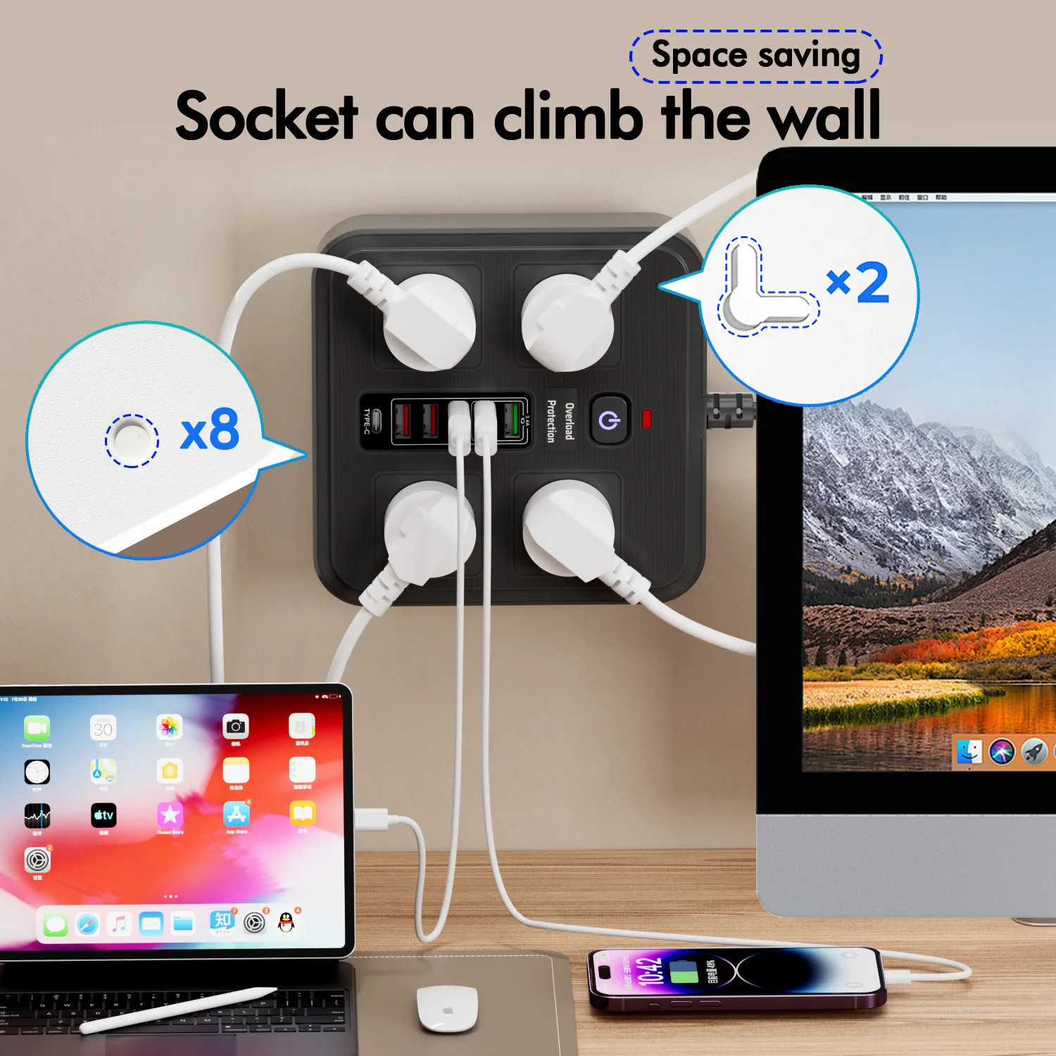 FUNAYA AU CN قطاع الطاقة المقبس تمديد كابل التوصيل مع USB TYPE-C شحن ميناء الزائد حماية المقبس الكهربائي 13A #4