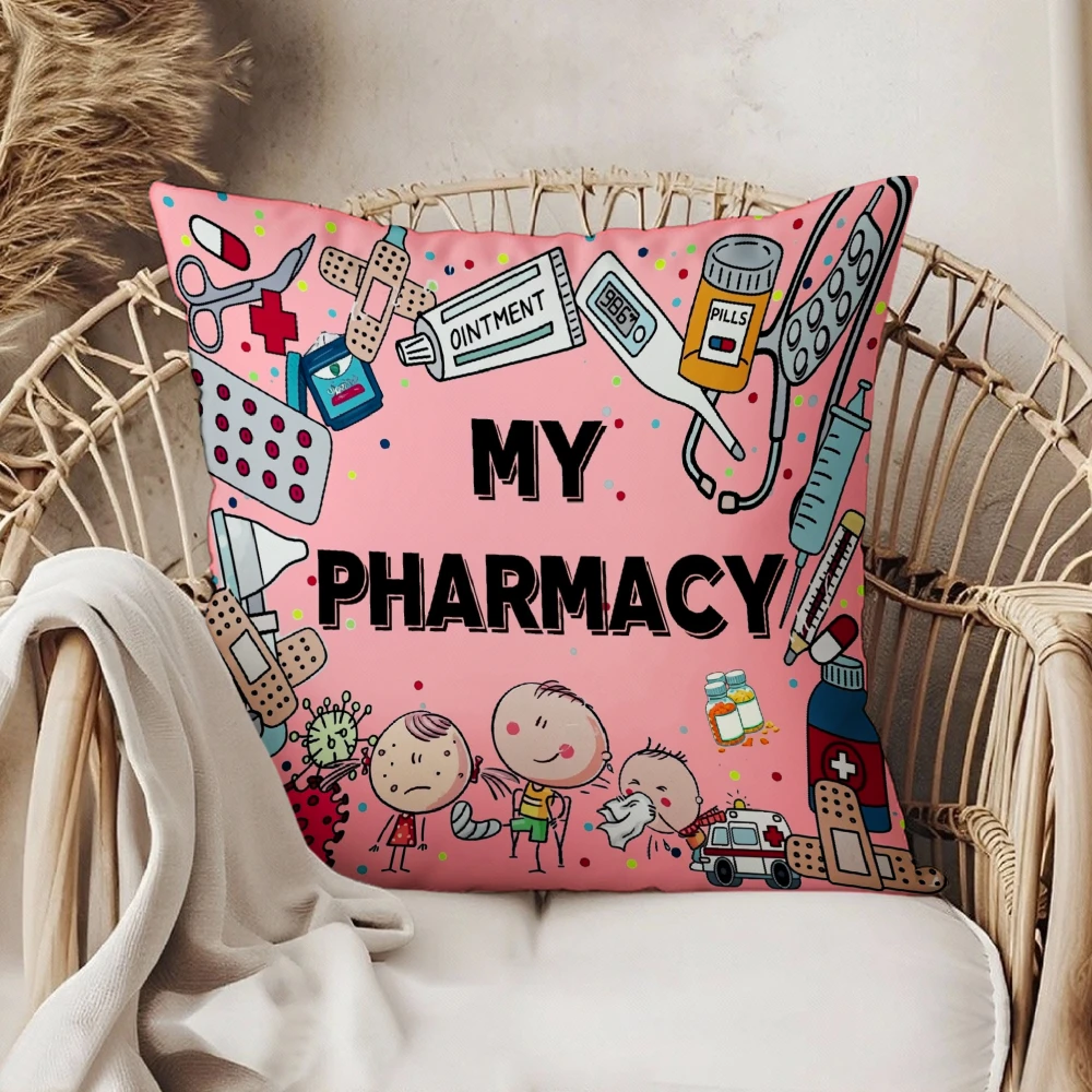 Square Throw Pillow Case Pink My Pharmacy Medical Tools And Sick Kids Cartoon Print For Home Sofa Bedroom Decor