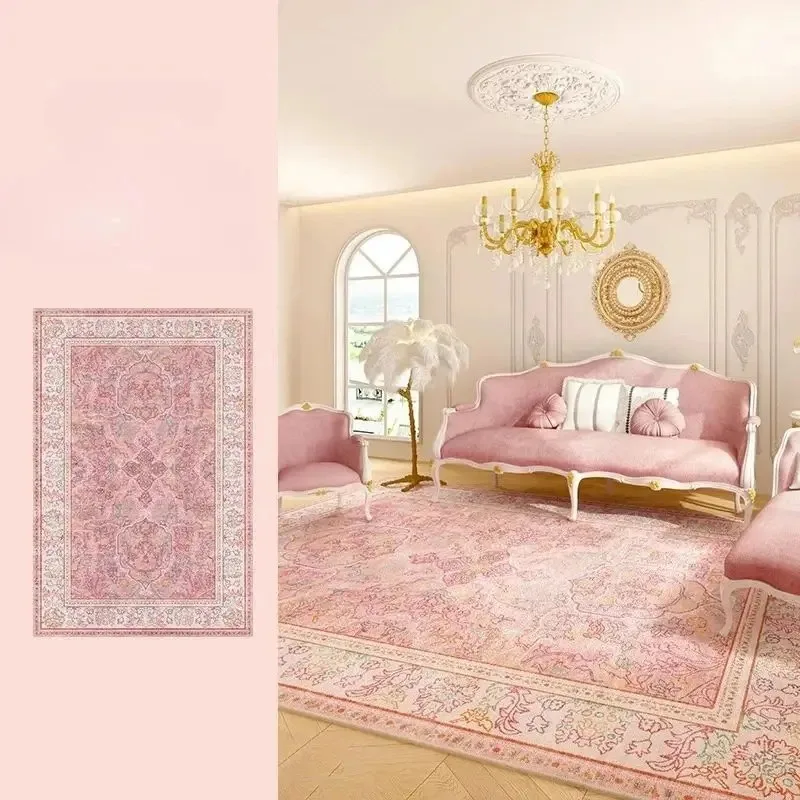 

​VIKAMA Retro Pink Rug - American Vintage Living Room Carpet, Non-Slip Waterproof Floor Mat for Bedroom Decor​
