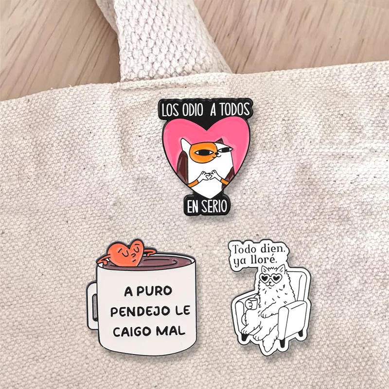Set de Broches Esmaltados y de Solapa con Diseño de Animales, Estilo Humor Negro, con la Frase 'Los Odio a Todos En Serio', en Español, para Accesorios de Ropa