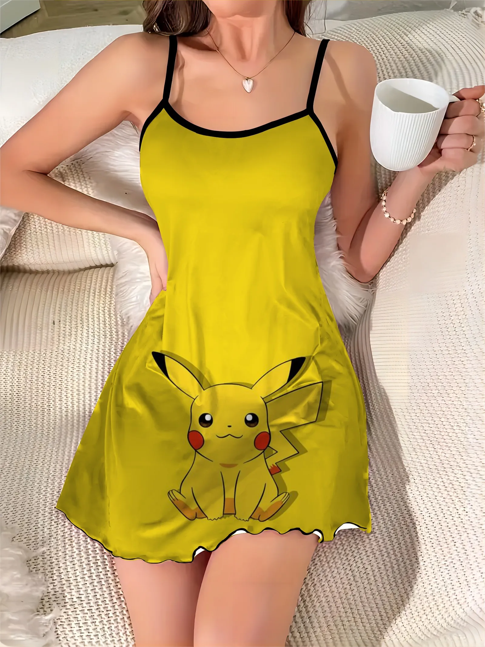 Satin Surface Mini Dress Crew Neck Summer Dresses for Women Pokémon Lettuce Trim Pikachu Pajama Skirt Fashion 2024 Elegant Sexy