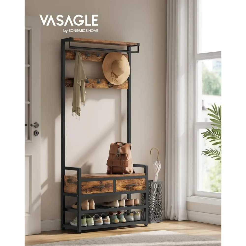 

11.8 x 31.7 x 71.5 Inches, Entryway Coat Rack with Shoe Bench, 2 Fabric Drawers, Vintage Brown and Ink Black UHSR429B01