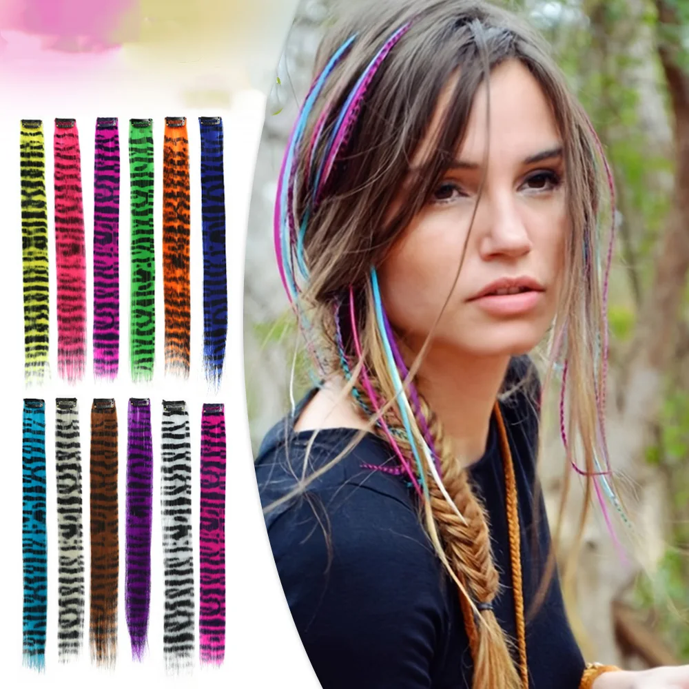 3pcs/set Stripe Printed Hair Colorful Long Straight Hair Pieces Synthetic Clip-in Hair Extensions for Daily Use Party Halloween
