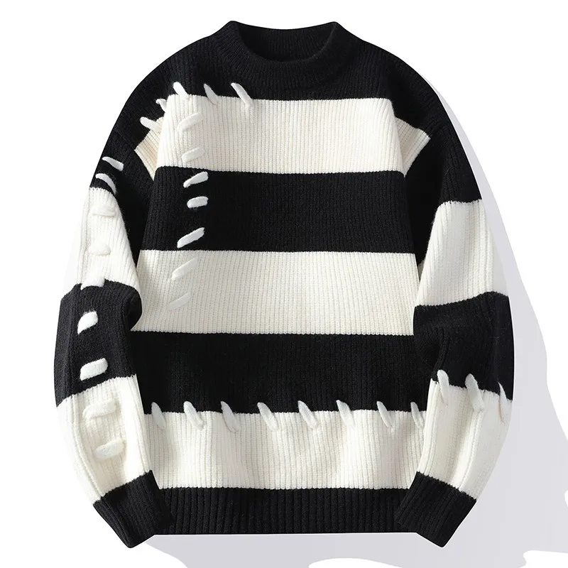 

High Street Patch Knitted Sweater 2024 Trendy High Street Autumn/Winter Warm Men's Top Hip Hop Street Clothing Fishing Sports