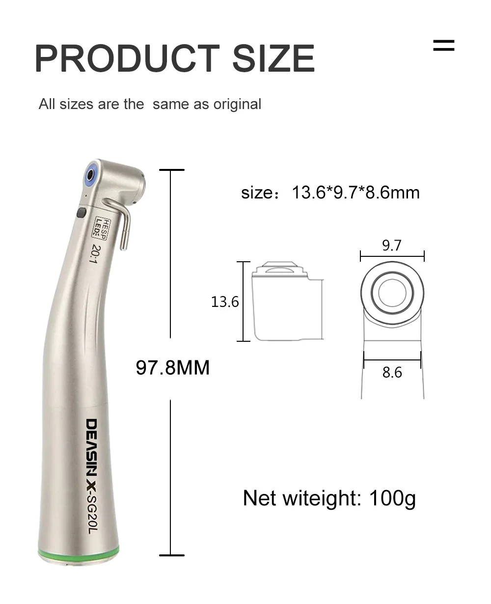 DEASIN Dental Niedrigdrehzahl-Handstück 20:1 Reduktion Implantologie-Winkelstück SG20L LED Druckknopf-Luftturbinenwerkzeuge – Detail 3