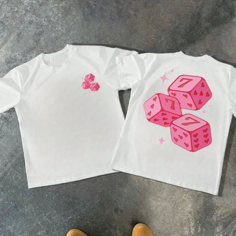 Lucky Seven Dice T-shirt Women 2025 Summer Y2K Aesthetic Pink Hearts Graphic Loose O-neck Short Sleeve Casual Tee