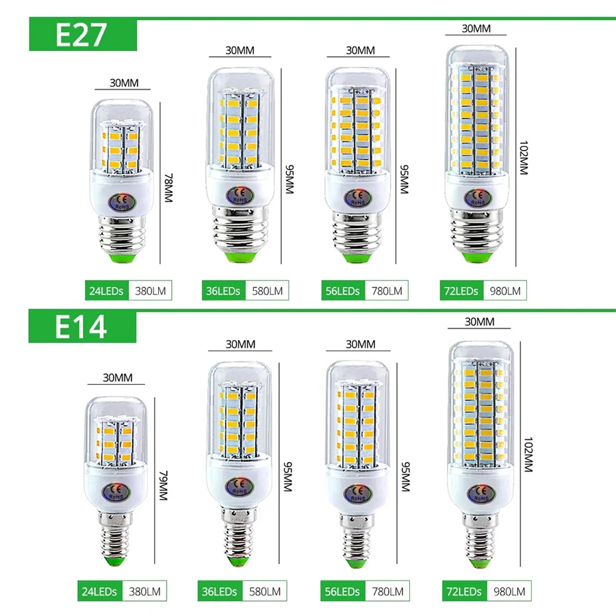 AC 220V E14 E27 LED Corn Bulbs SMD 5730 Replacement for Halogen Lamp 24-72 LEDs Chandelier Light Home Room Decor