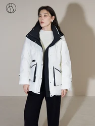 DUSHU 176G Filling Capacity Black White Contrasting Color Women Winter Thicken Straight Down Jackets Detachable Hooded Down Coat