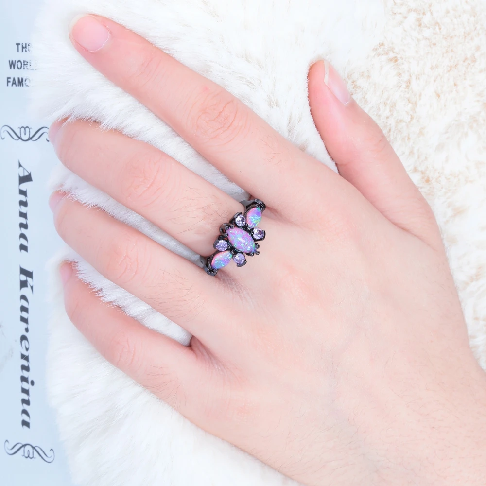 CiNily Pink Big Fire Opal Stone Black Gold Color Rings Purple Violet Zircon Crystal Butterfly Animal Ring Fashion Jewelry Women