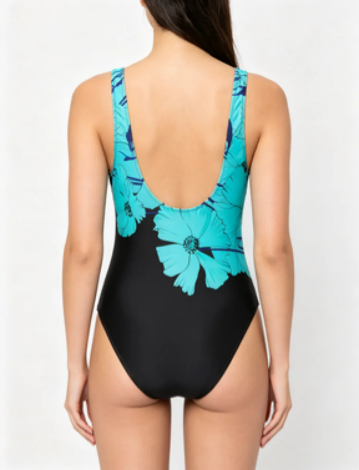2349 Turquoise Floral Print One-Piece Swimsuit, Scoop Neck Tummy Control Bathing Suit