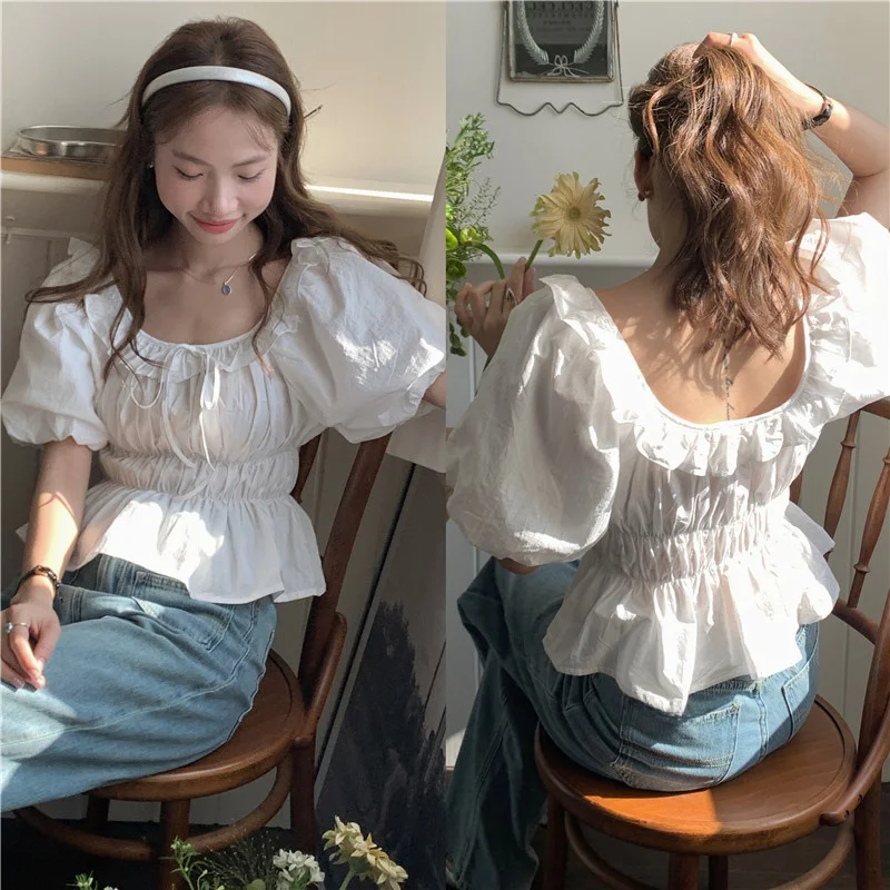 

Korean Sle Chic Sweet round Ne Ribbon Bubble Sve Slimming Top Women's Summer irt High Waist Folded ort Sve Pure...