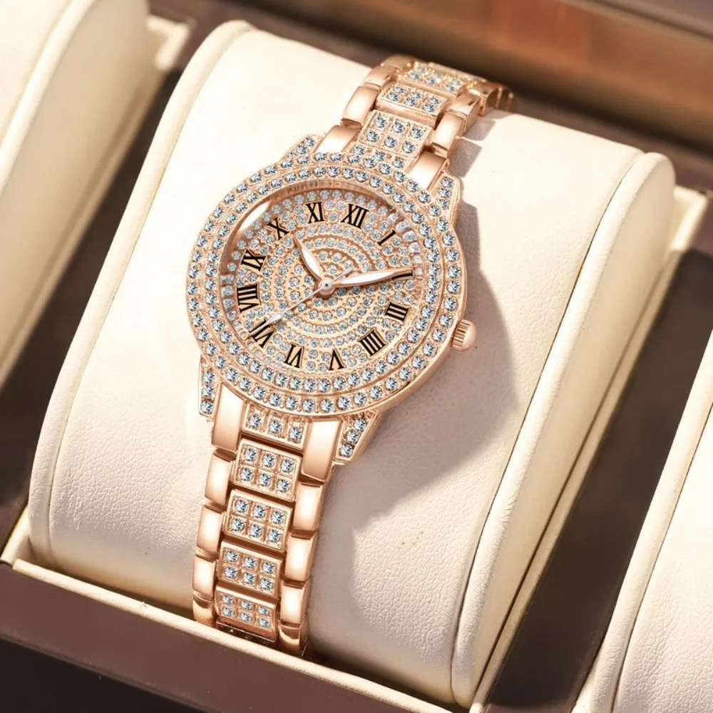 Luxury Full Diamond Roman Numeral Women's Watch, Crystal Rhinestone Bangle Bracelet Wristwatch for Ladies, Fashion Dress Watch with Charm Bracelet Design, Unique Poly Treasure Basin Style Gift for Her