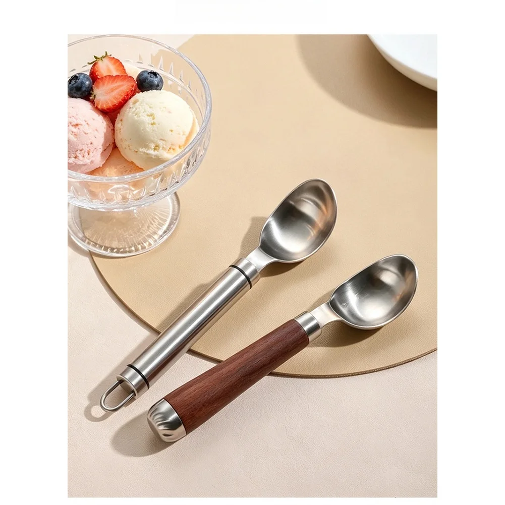 1pc 304 Stainless Steel Scooper With Natural Rosewood Handle Multi Purpose Dessert Fruit Ball Spoon For Home Baking Kitchen Prep