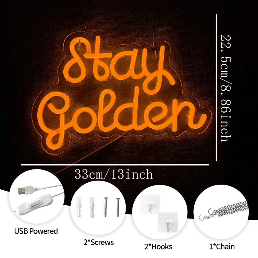 Stay Golden Neon Sign,  LED Neon Light, for Beauty Salon, Spa, Club, Modern Bedroom, Party, Home Bar Wall Decoration
