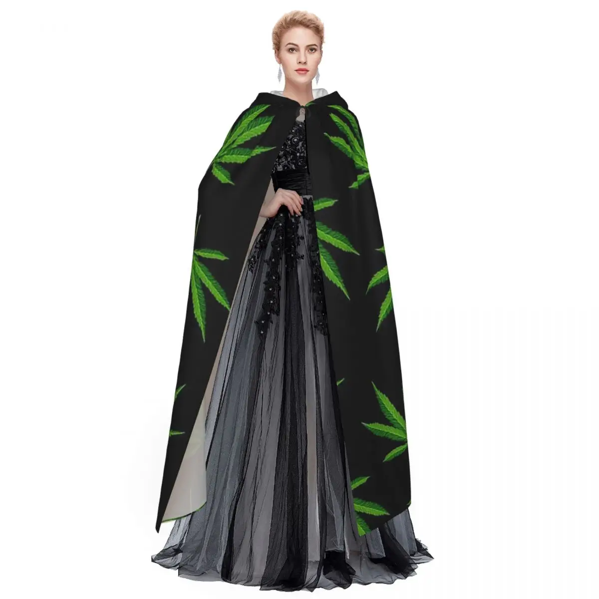 Green Fresh Cannabis Sativa Leaves Long Hooded Cloak Witch Medieval Costume Cosplay Cape HalloweenCoat Adult Unisex - view 5