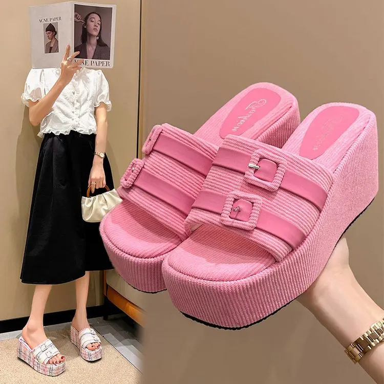 

Pink Square Head Platform Slippers Belt Buckles Corduroy Open-toe Women Sandals Summer New Designer Shoes Fashion Wedge Sandals