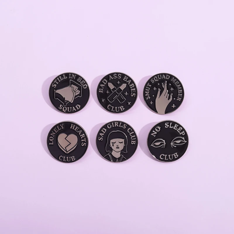 6 Types Black Gothic Round Shape Enamel Pins No Sleep Club Still In Bed Squad Brooches Funny Punk Metal Lapel Badge for Clothes