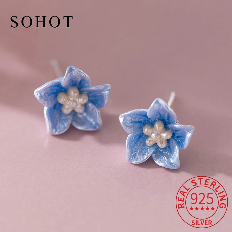 Real 925 Sterling Silver Blue Camellia Plant Stud Earrings for Women Cute Fine Jewelry Minimalist Accessories