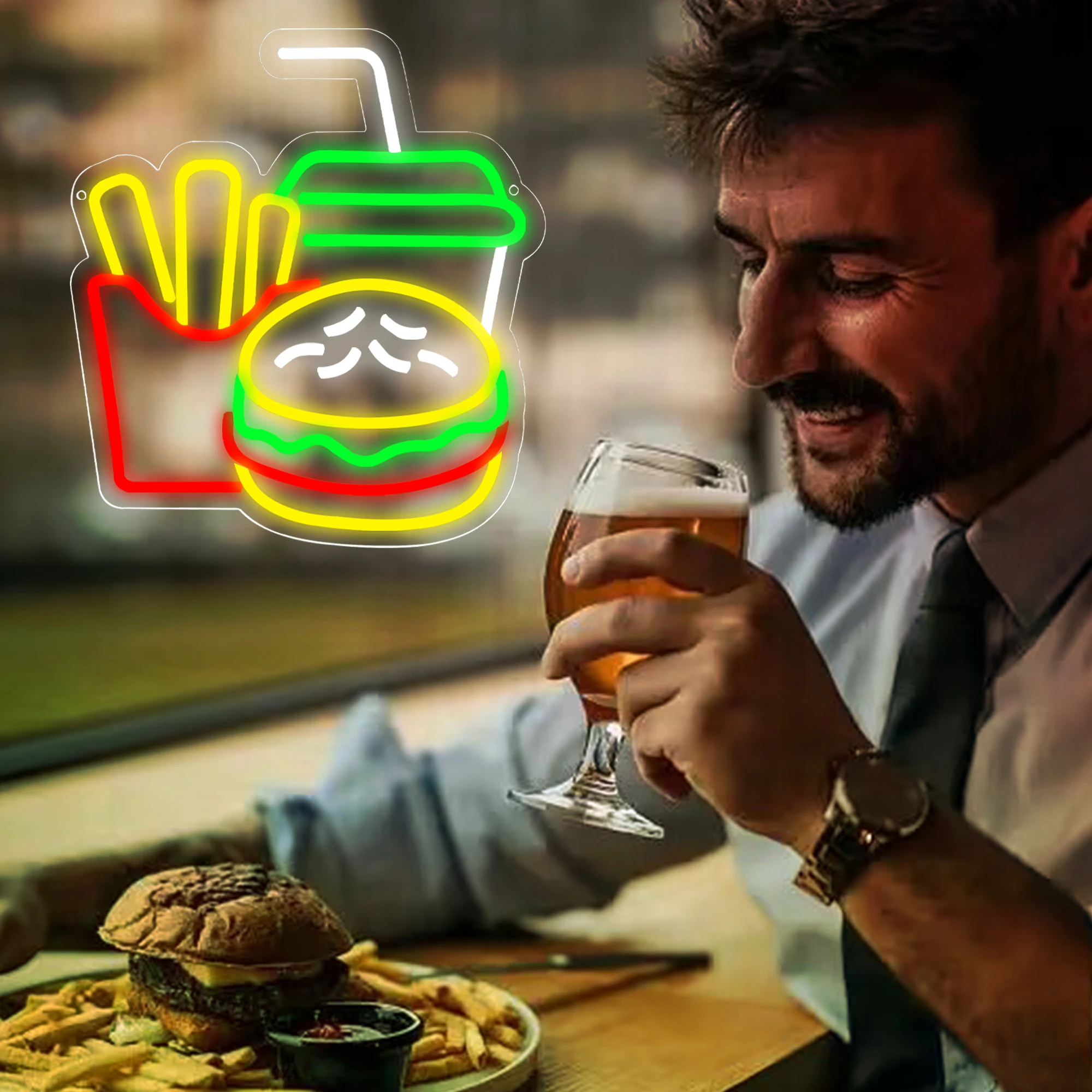 Insegna al neon per hamburger per hamburger Shop Decor Patatine fritte Luce al neon a LED Insegne aziendali per fast food per ristorante Negozio Alimentato tramite USB