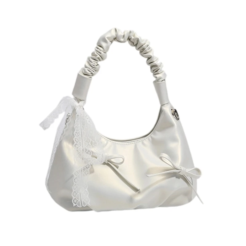 X5XA Korean PU Leather Shoulder Bag with Lace Bows Detailing and Detachable Chain Strap Pleated Handbag for Women