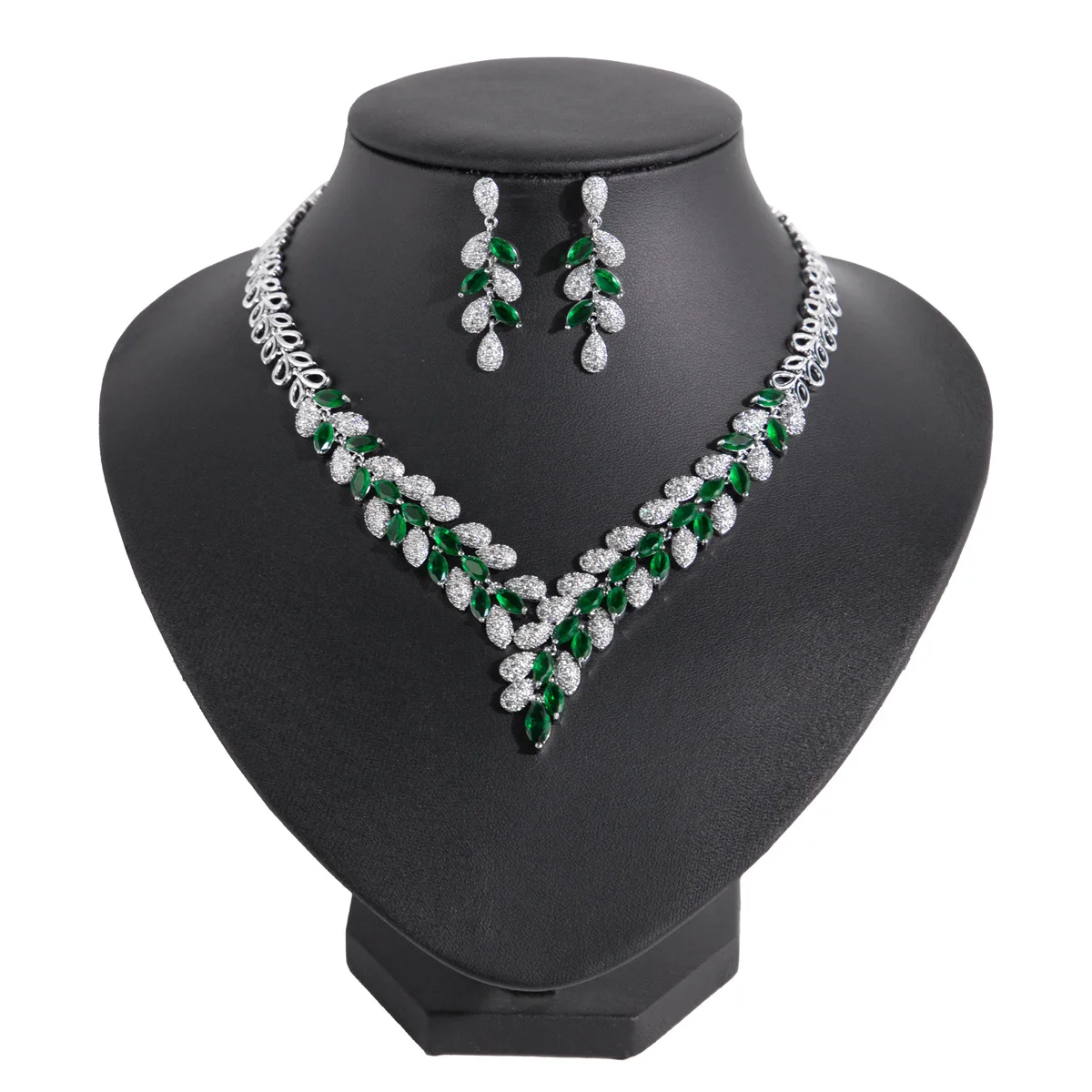 Fashion two-color wheat ear necklace earrings women's set emerald zircon wedding jewelry two-piece set