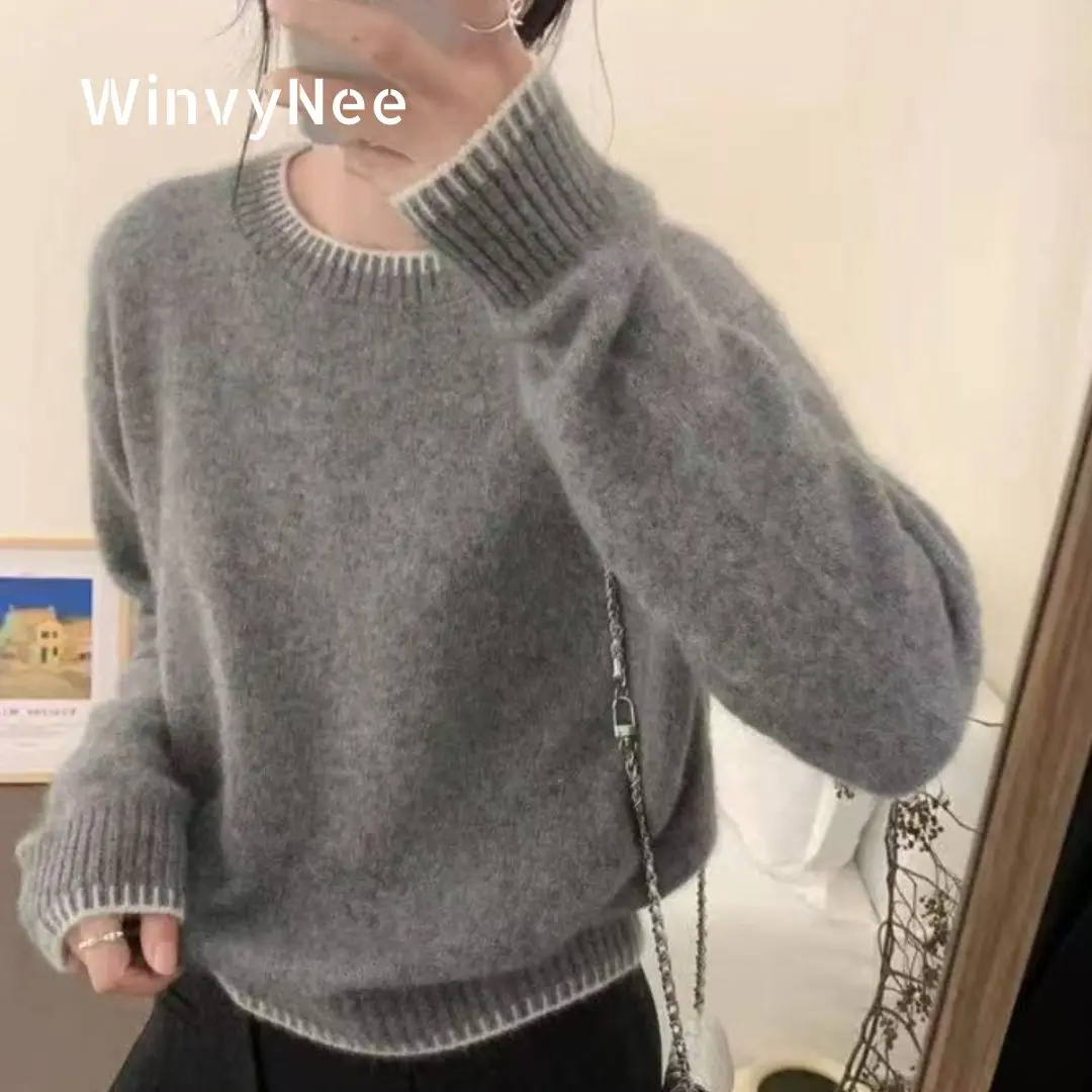 WinvyNee الملابس النسائية 100% رداء علوي من الصوف س الرقبة طويلة الأكمام الصلبة البلوفرات لينة تريكو القمم لاعبا الخريف الشتاء A1283007