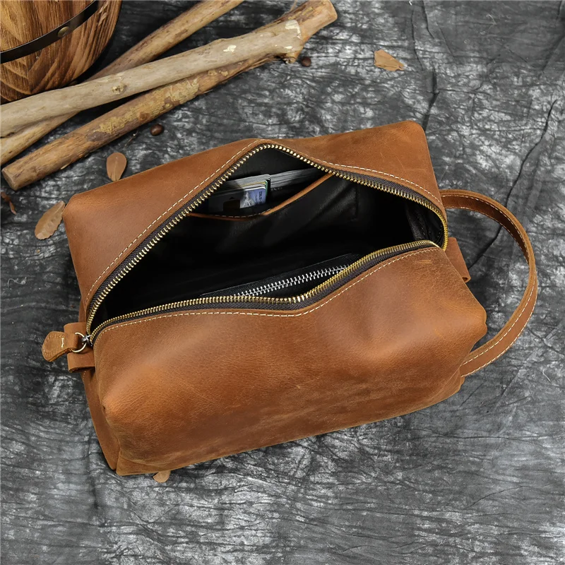 Men Women Genuine Leather Wash Bag Toiletry Bag Organizer Toilet Cosmetic Bag Travel Purses Male Female Dopp Kits Men Leather