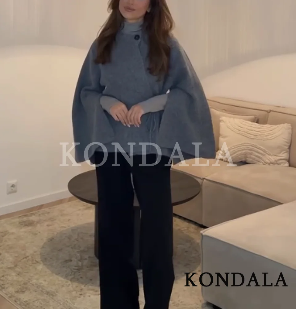 KONDALA خريف عادية الدانتيل متابعة محبوك معطف المرأة رمادي س الرقبة سترة معطف 2025 ربيع الخريف موضة أنيقة بسيطة معطف السيدات #3
