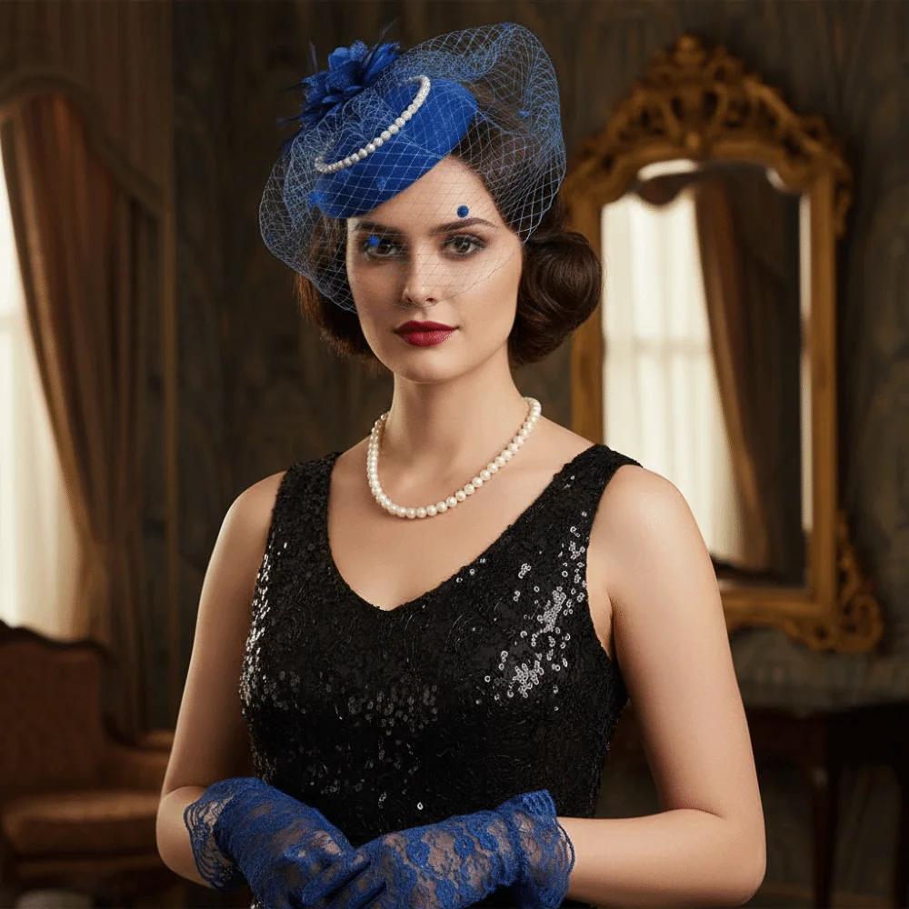 

Изысканная сетчатая повязка на голову в стиле ретро с перьями, элегантная винтажная шляпа-волшебница с жемчугом, цилиндр, обруч для волос, головной убор невесты, танцевальное шоу