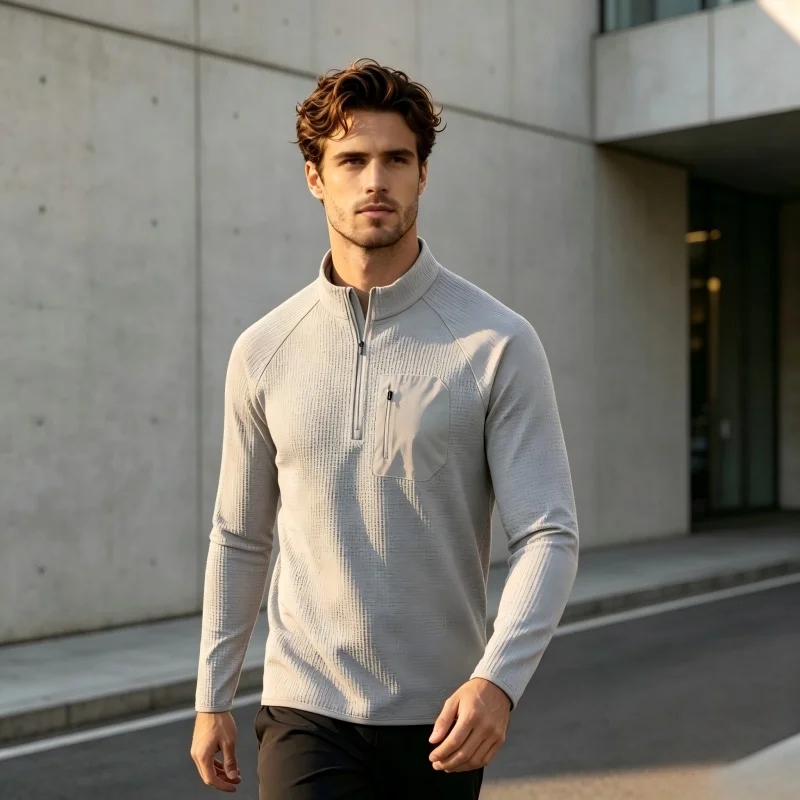 Herren Langarm-T-Shirt mit halbem Reißverschluss, atmungsaktiv, schnelltrocknend, knitterfrei, strapazierfähig, mit dekorativer Tasche, Herbstmode, neue Herrenbekleidung – Detail 7