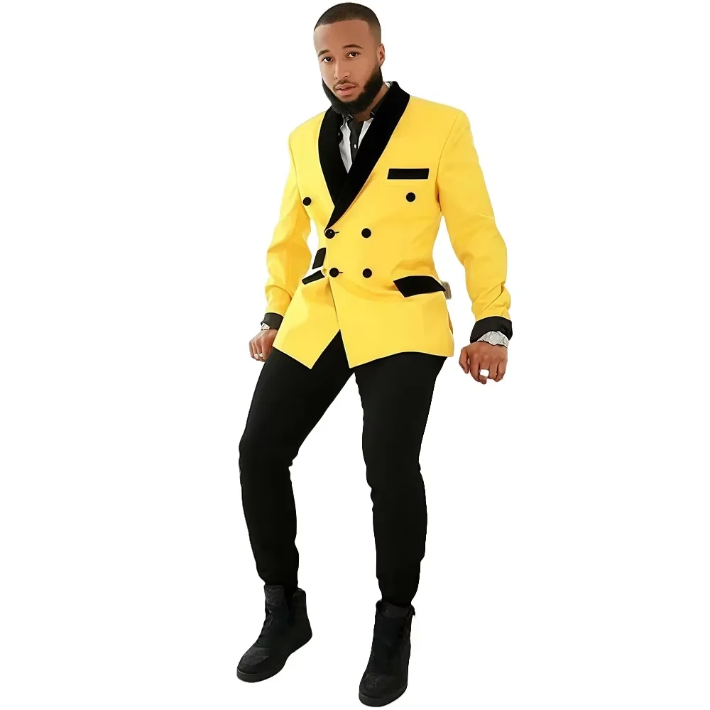 YiMinpwp Blazer amarillo de doble botonadura para hombre con solapa de terciopelo negro, traje ajustado a la moda para fiesta y graduación, chaqueta, tallas XS-XXL