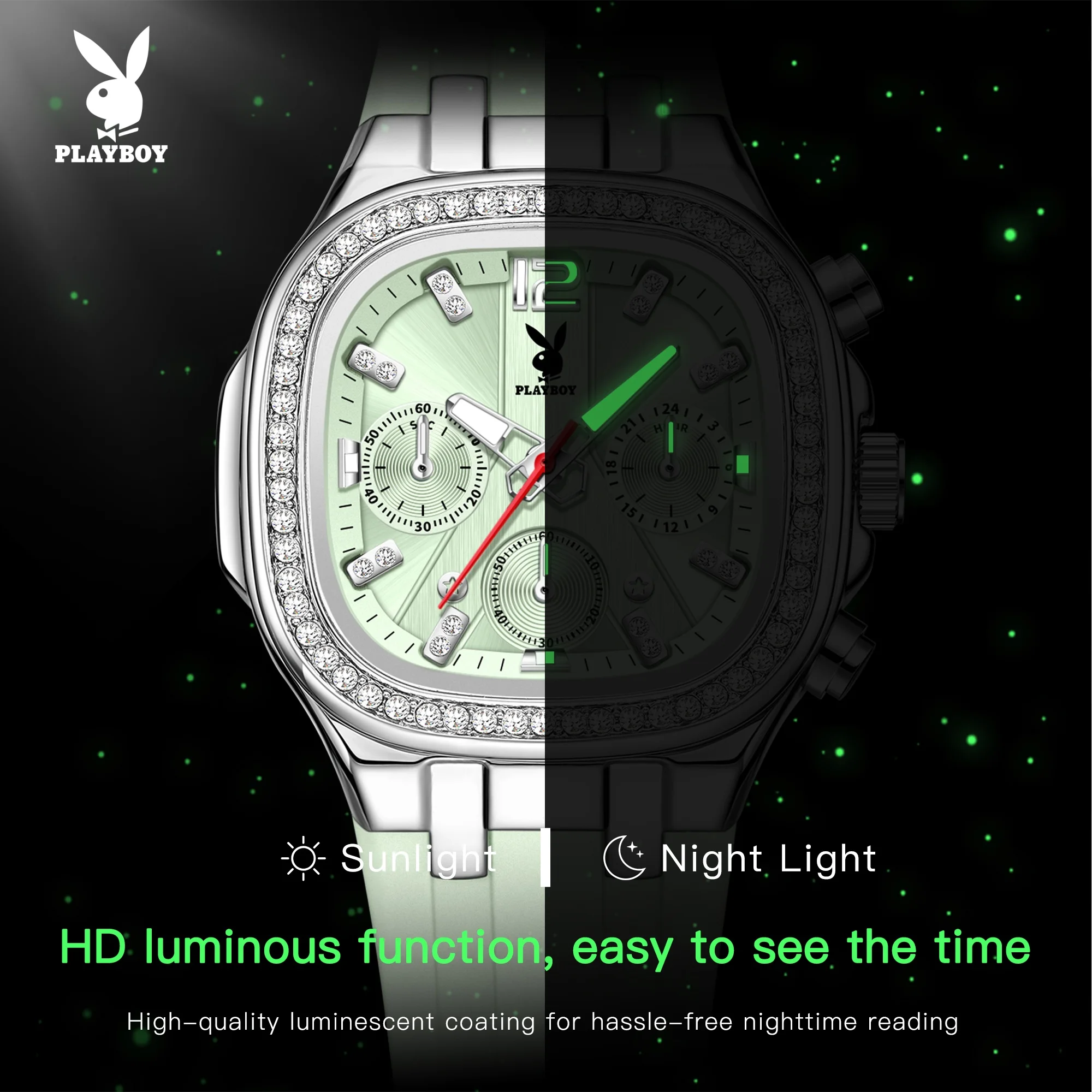 PLAYBOY 3076 Chronograph Quartz Watches for Women Waterproof Luminous Elegant Silicone Strap Diamond Bezel Luxury Ladies Watches
