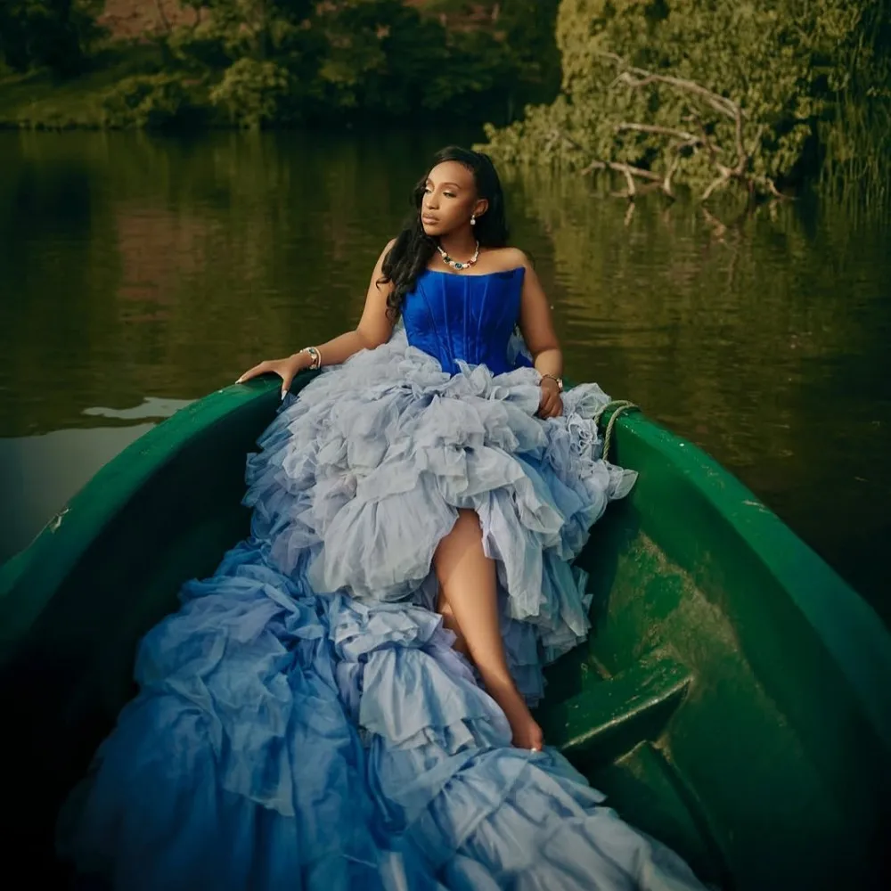 Contraste colorido azul inchado tule festa de aniversário vestidos alta baixa em camadas malha nupcial photoshoot vestido sonho vestidos de noiva