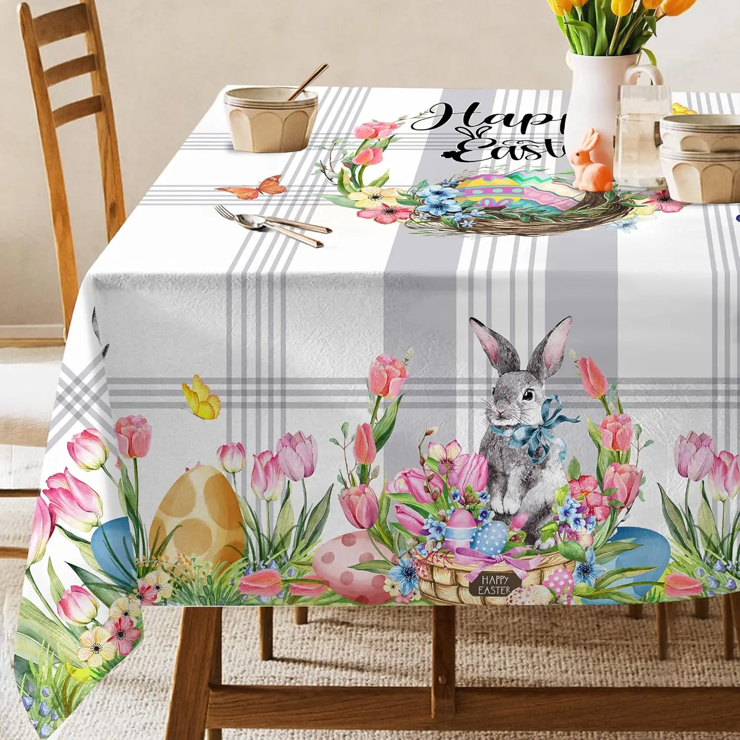 Easter Bunny Eggs Tulip Flowers Waterproof Tablecloths Easter Decorations Spring Florals Plaid Table Covers Dining Table Decor