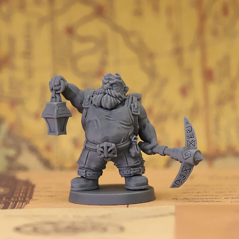 Dwarf Miner with Pickaxe and Lantern Miniature Unpainted Resin Model, DND Tabletop RPG Wargame Fantasy Dwarf Figure