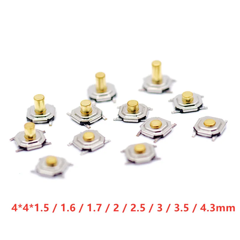 50 sztuk 4x4MM przełącznik wciskany 4x4x1.5/1.6/1.7/2/2.3/2.5/3/3.5/4.3mm miedziana głowica SMD PCB dotykowy przełącznik wciskany 4x4x4.3mm