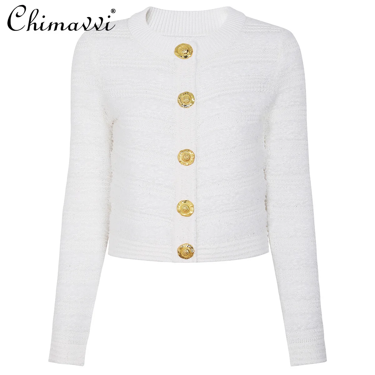 เสื้อโค้ทไหมพรมแขนยาวทรงเข้ารูป คอทรงกลม กระดุมทองขนาดใหญ่ สไตล์หรูหรา สำหรับฤดูหนาว เหมาะสำหรับสาวออฟฟิศ แบบกระดุมแถวเดียว