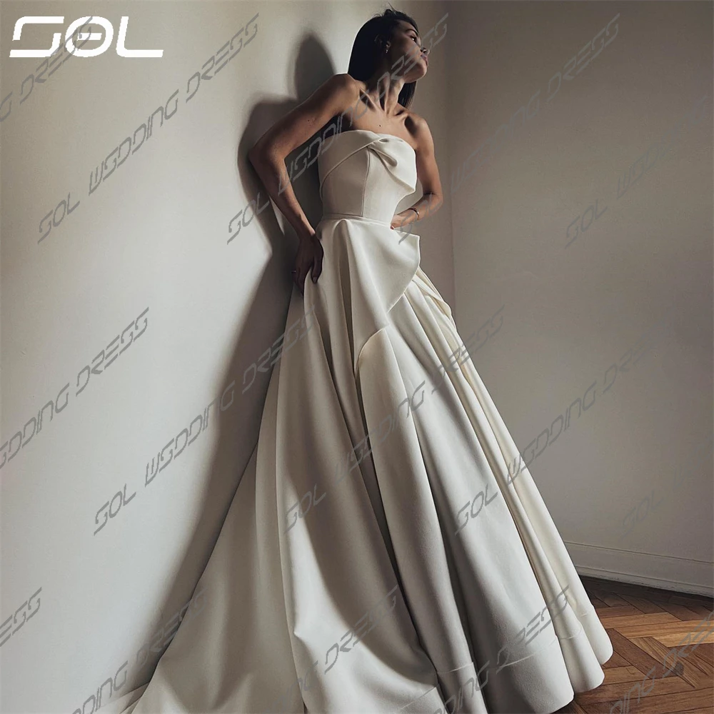 Sol Simple Strapless Pleat Satin Wedding Dress For Women Elegant Backless A-Line Sweep Train Bridal Gown Robe De Mariee