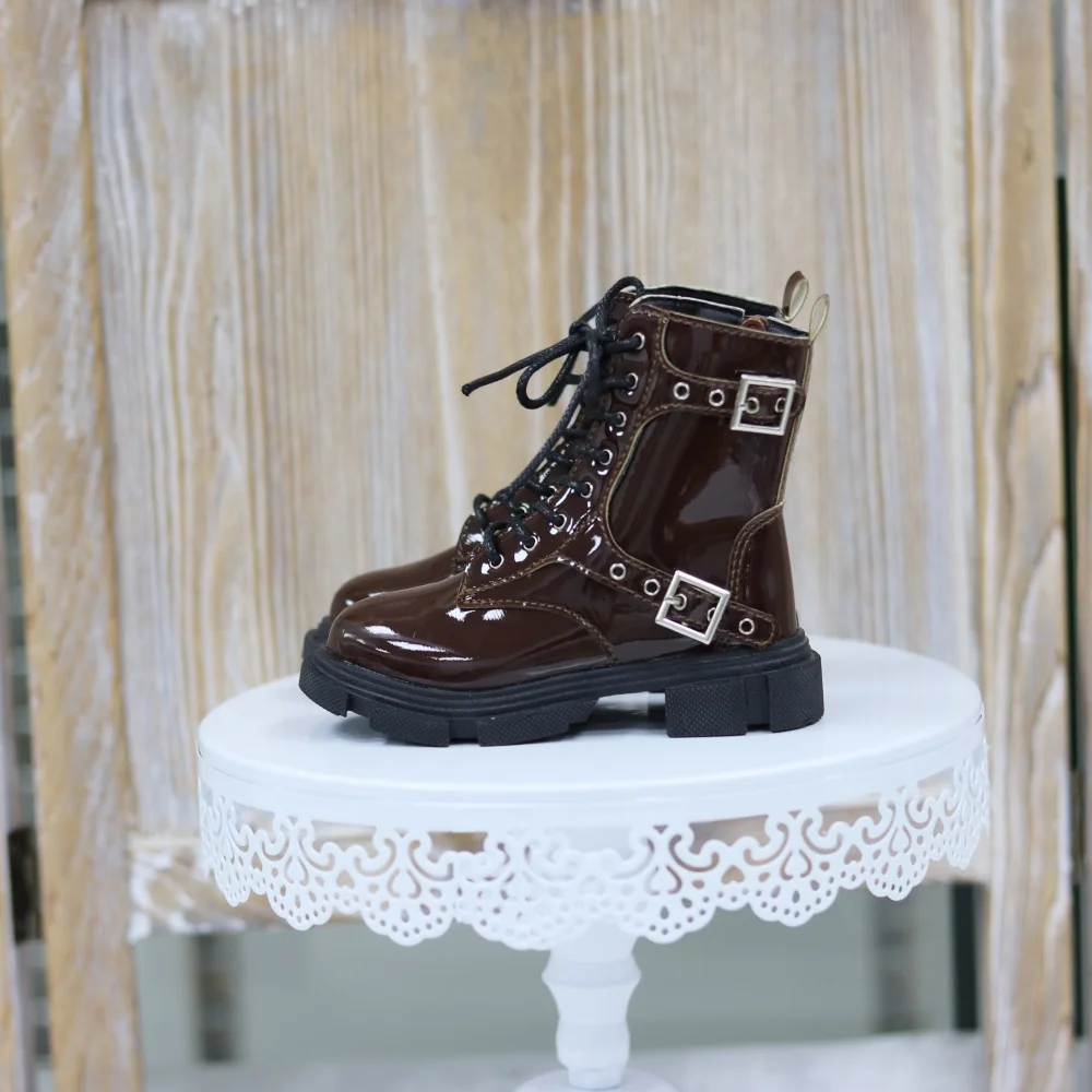 BJD Doll Shoes IID75 Patent Leather Glossy Black Brown Cross Buckle Lace-up Ankle Boots Thick-soled Round Toe Doll Accessories