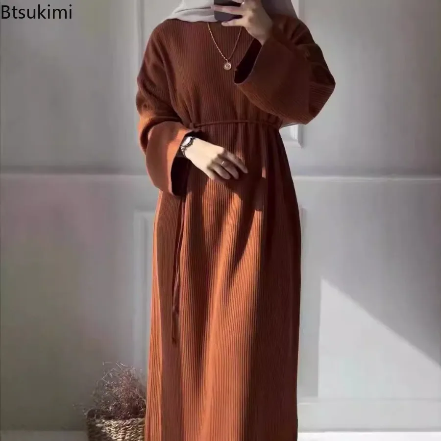 

New Eid Muslim Women Knitting Dress Sashes Ramadan Morocco Autumn Winter Abayas Kaftan Sweater Vestidos Jalabiya Dubai Long Robe