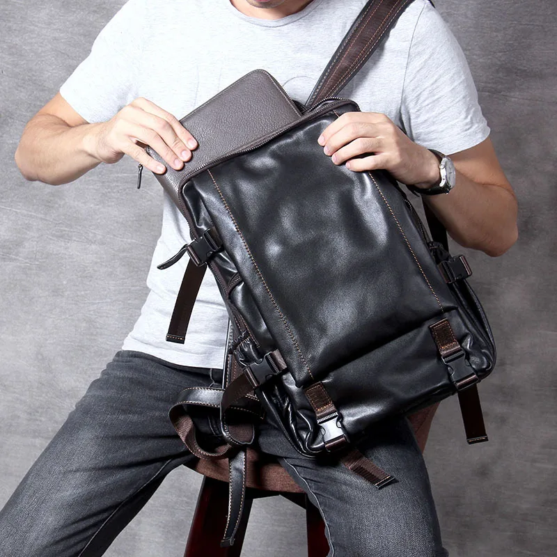 S.WORKER Lässiger Herrenrucksack aus echtem Leder, große Kapazität, 15" Laptop-Reisetasche, Schulrucksack aus Rindsleder, modische Wochenendtasche – Detail 5