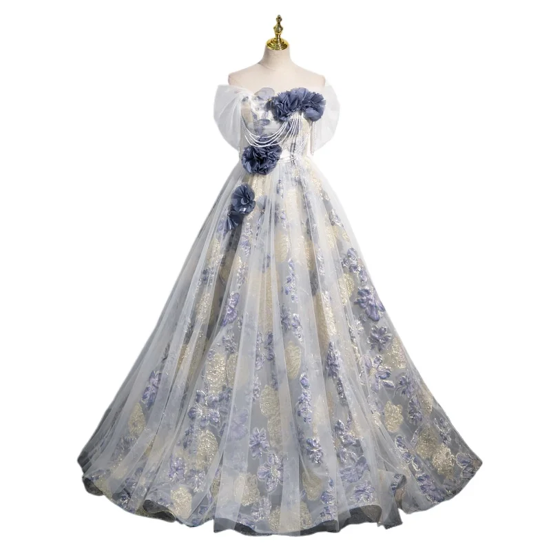 French Evening Dress Heavy Industry Niche Annual Meeting Host Solo Singing Forest Style Fairy Yarn Dress Vocal Art Exam Dress