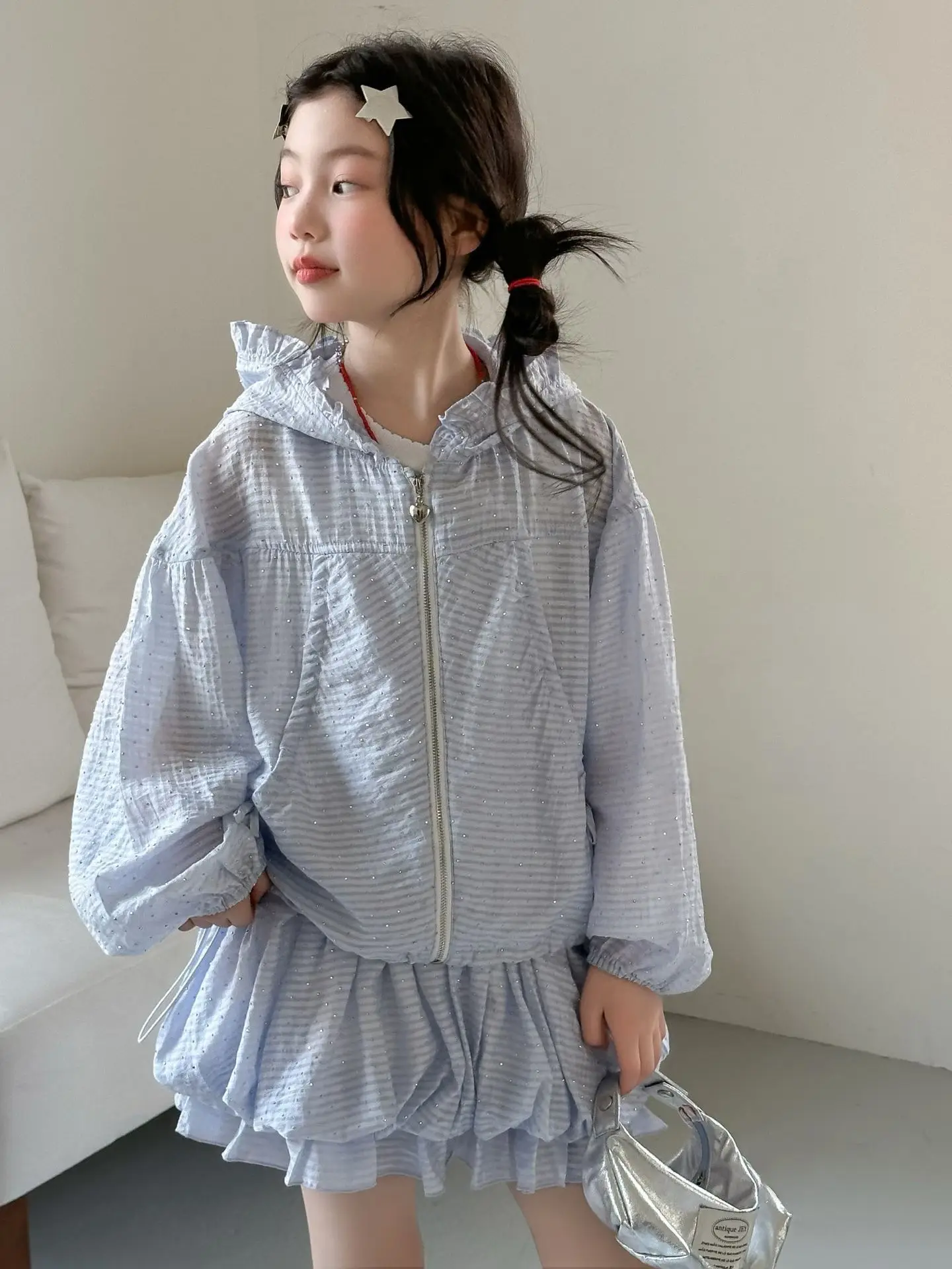 Girls 2026 Summer New Sun Protection Set Hooded Lightweight Jacket and Tulip Hem Skirt Versatile Two-Piece Childrens Outfit