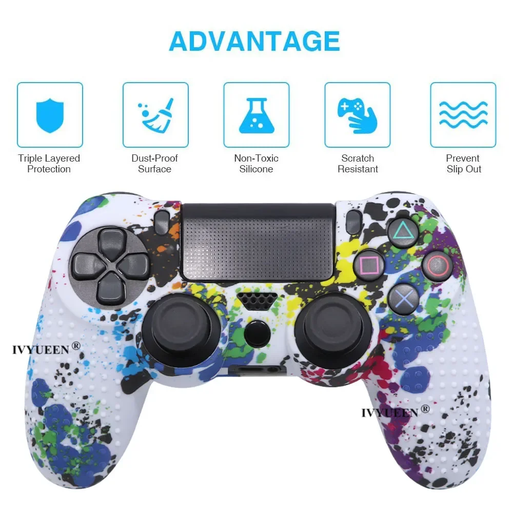 IVYUEEN 10 PCS for PlayStation 4 PS4 Pro Slim Controller Protective Skin Anti Slip Water Transfer Printing Silicone Case Cover