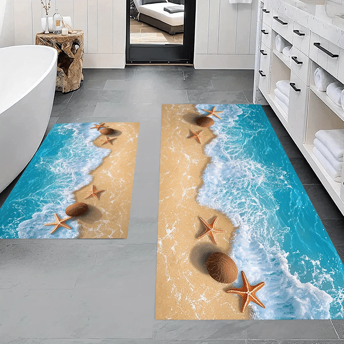 2pcs/ 3pcs Beach View Printed Bathroom Mat Set, Home Decoration Area Carpet, Machine Washable, Wash Basin Bathtub Side Non-Sli