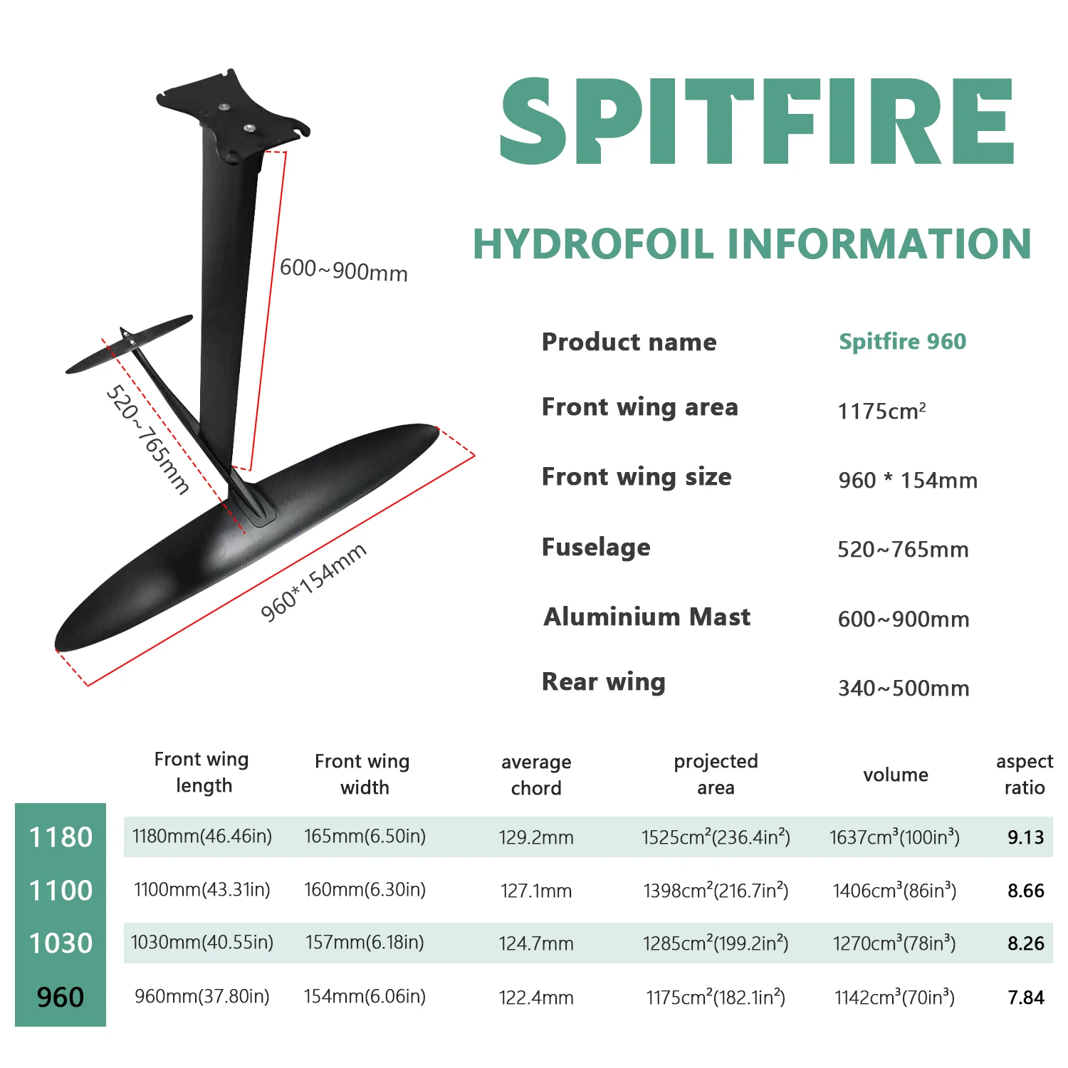 New Arrival Spitfire 960 High Modulus Carbon Foil Wing Board Surfing Wingfoil Efoil Surfboard Foil Pumping Kitesurf Hydrofoil